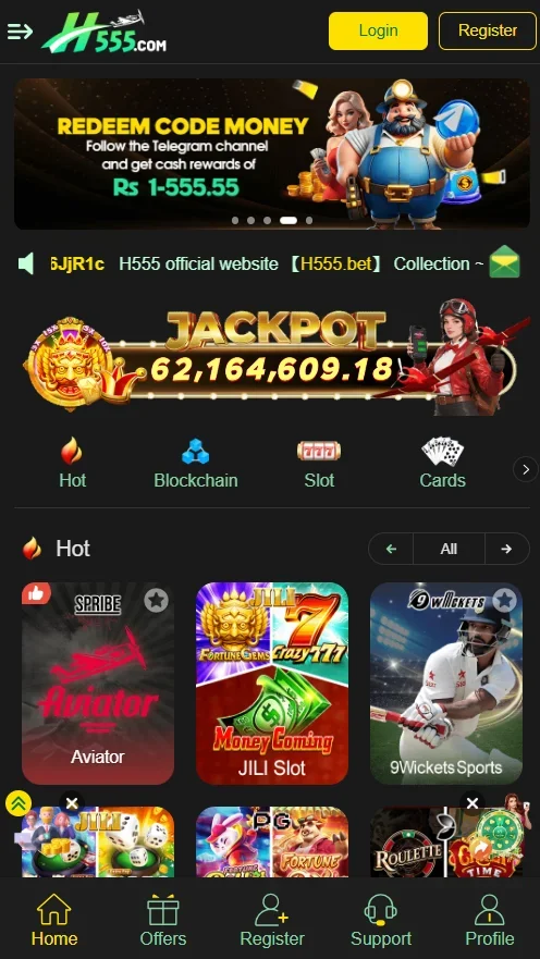 H555 Game Hot tab showing Aviator, slots and the jackpot banner
